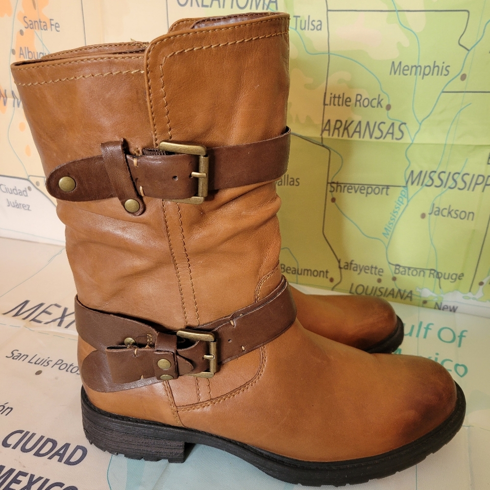 Earth Brown Leather Moto Buckle Boots Size 9.5 - Picture 3 of 13